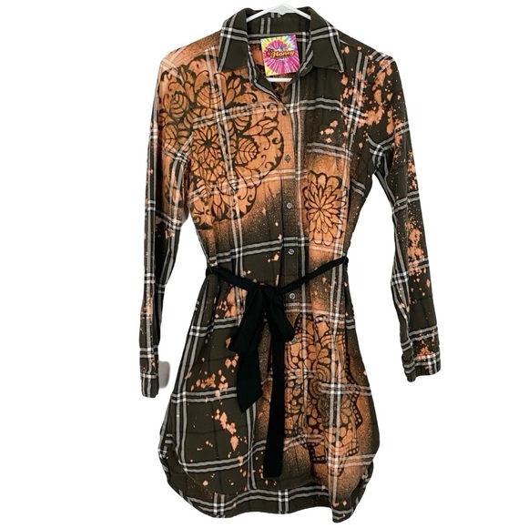 Handmade Flannel Dress Womens Small Boho Stencil Bleached Floral Tunic Green - Picture 3 of 12